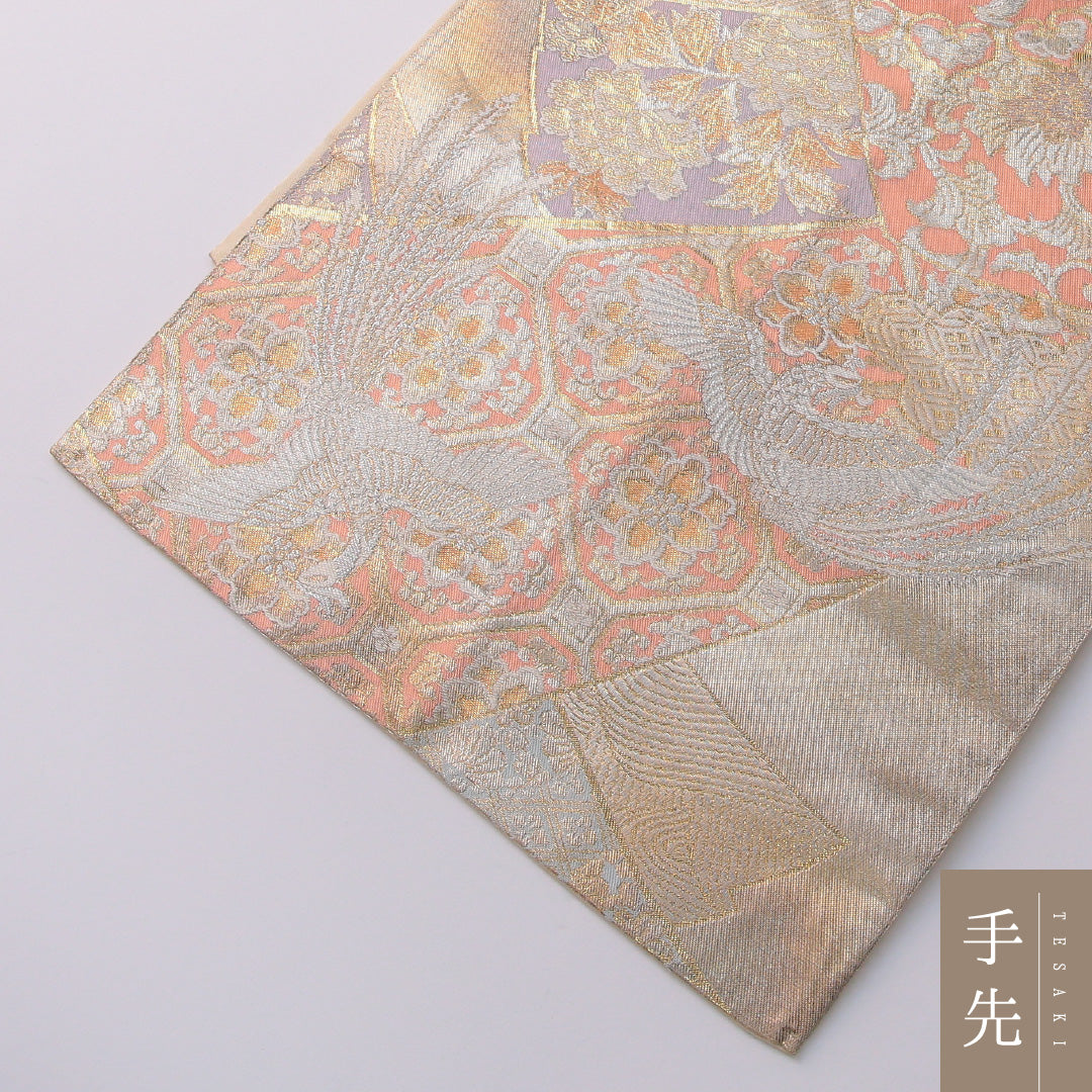 袋帯 帯丈428cm 正絹 六通 フォーマル 裂取り 鳳凰 クリーム系 金系 1243-01939