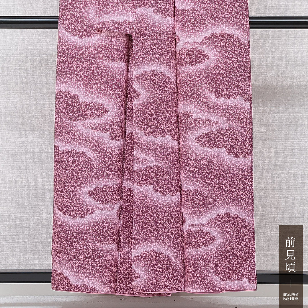 洗える着物 紬 袷 身丈157cm 裄丈64cm ポリエステル Bランク カジュアル 広衿 Mサイズ 雲取り ピンク系 HP 1223-15842