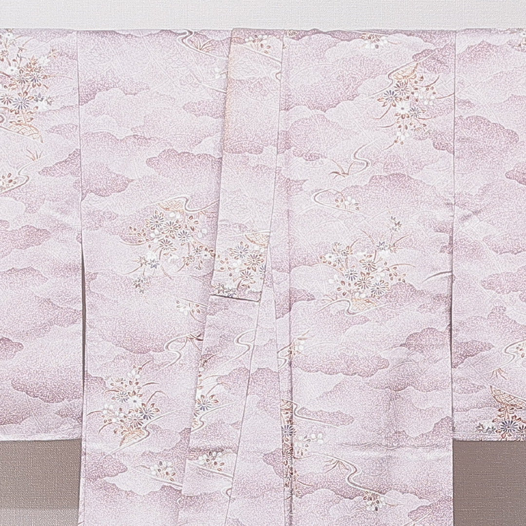 洗える着物 小紋 袷 身丈159cm 裄丈62cm ポリエステル Sランク インフォーマル バチ衿 Mサイズ 菊 紅葉 紫系 RP 1221-15829
