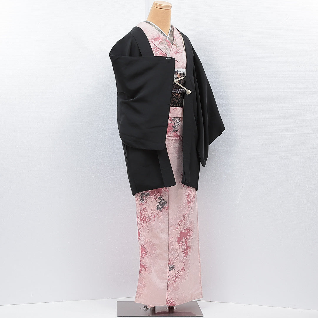 黒羽織 袷 身丈82cm 裄丈62cm 正絹 Bランク 一つ紋 (五三桐) セミフォーマル Sサイズ 漆糸 紐あり 桔梗 黒系 RP 1233-15304