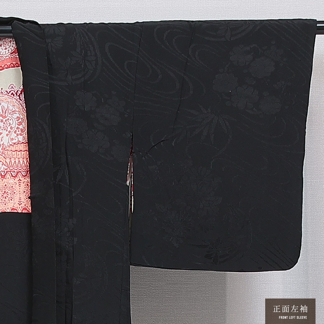 黒羽織 袷 身丈78cm 裄丈63cm 正絹 Sランク 一つ紋 (中陰五三桐) 紋意匠 (菊) セミフォーマル Sサイズ 織り出し 黒系 RP 1233-16140