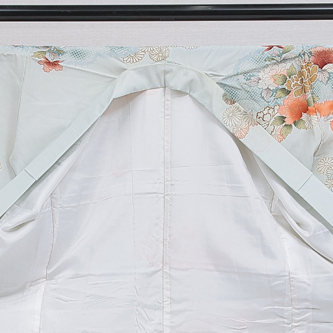 訪問着 洗える着物 袷 身丈160cm 裄丈64cm ポリエステル Cランク Lサイズ バチ衿 セミフォーマル 菊 桐 刺繍 水色系 1212-16096