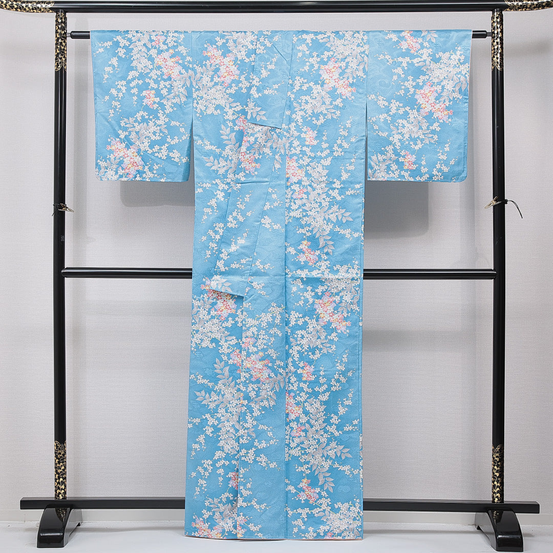 洗える着物 小紋 袷 身丈162cm 裄丈64cm ポリエステル Sランク インフォーマル 広衿 Lサイズ 桜 水色系 RP 1221-15833