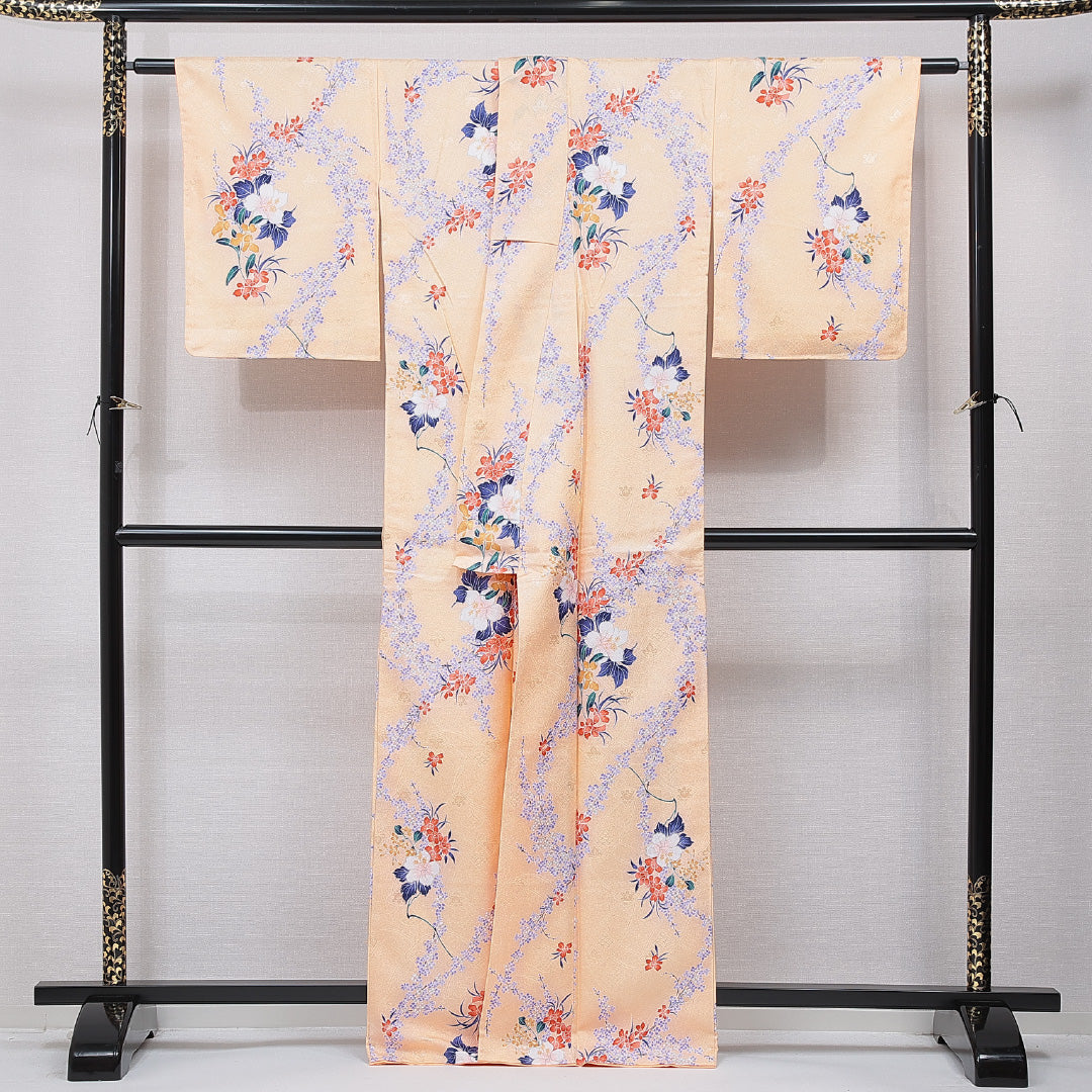洗える着物 小紋 袷 身丈164cm 裄丈64cm ポリエステル Sランク インフォーマル 広衿 Lサイズ 芙蓉 朱系 RP 1221-15818