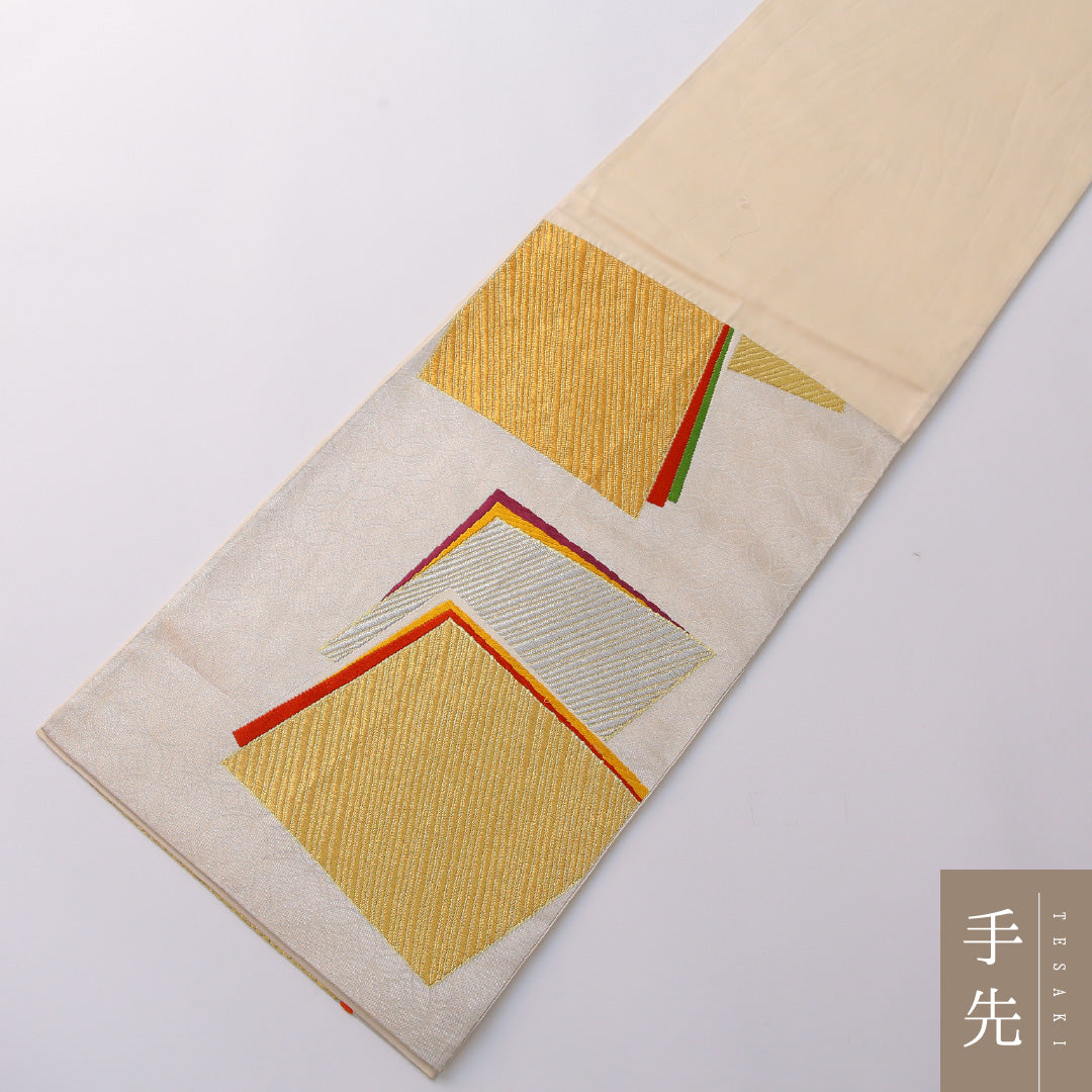 袋帯 帯丈420cm 正絹 六通 セミフォーマル 色紙 白系 金系 1243-01953