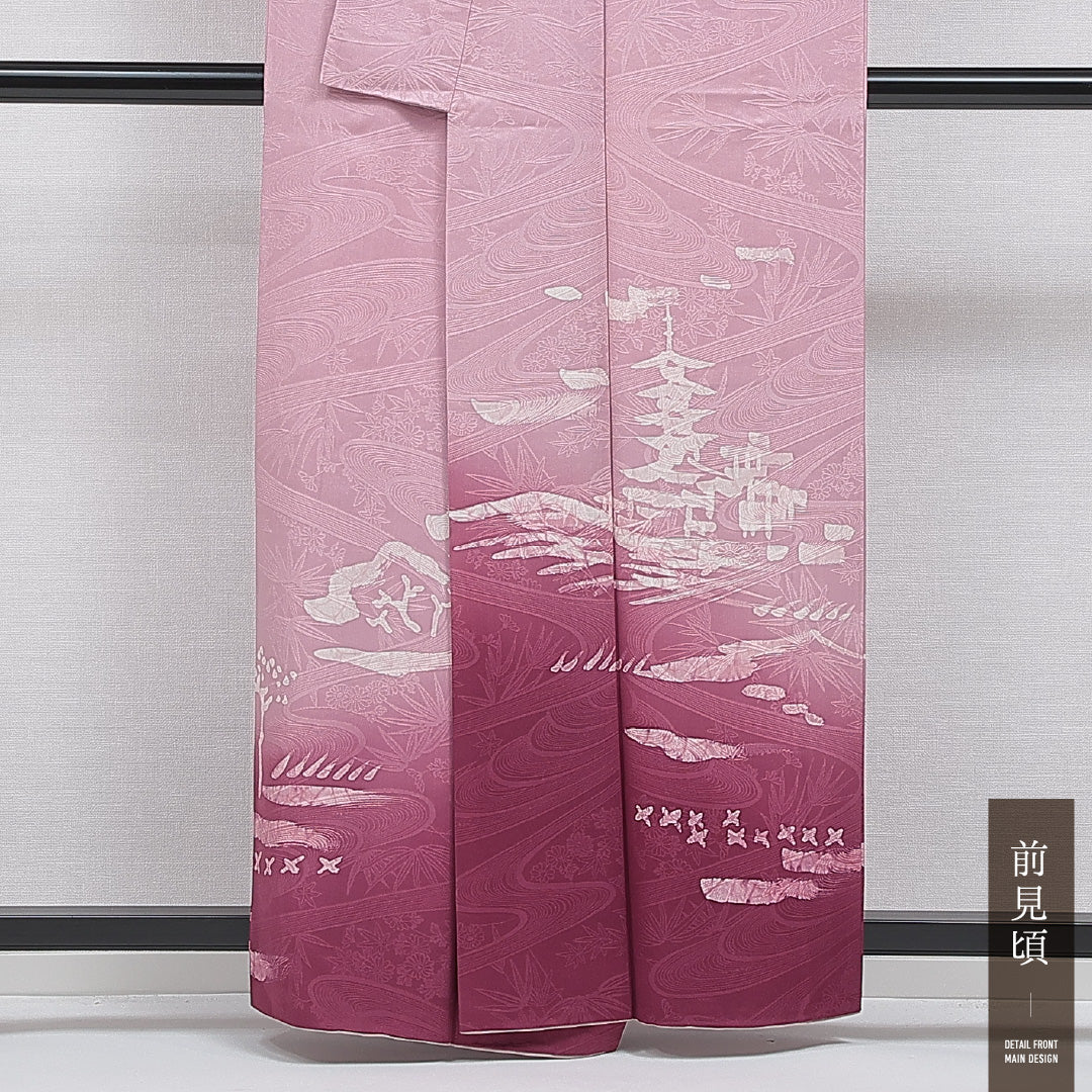 付下げ 袷 身丈159cm 裄丈64cm 正絹 Aランク 一つ紋 (五三桐) 紋意匠 (流水に笹) セミフォーマル 広衿 Mサイズ 寺院 ピンク系 RP 1218-16046