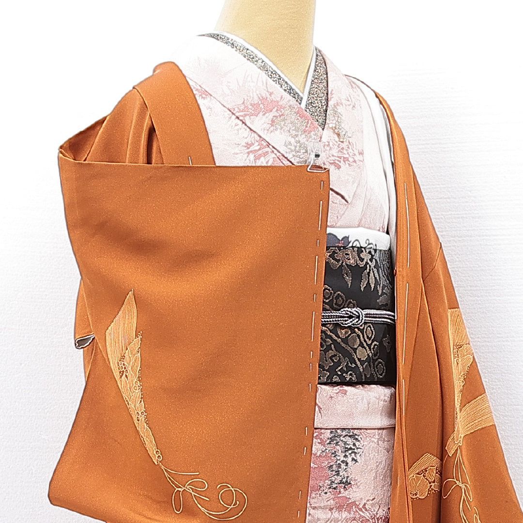 羽織 袷 身丈78cm 裄丈64cm 正絹 Aランク Mサイズ バチ衿 カジュアル 牡丹 茶系 1217-15137