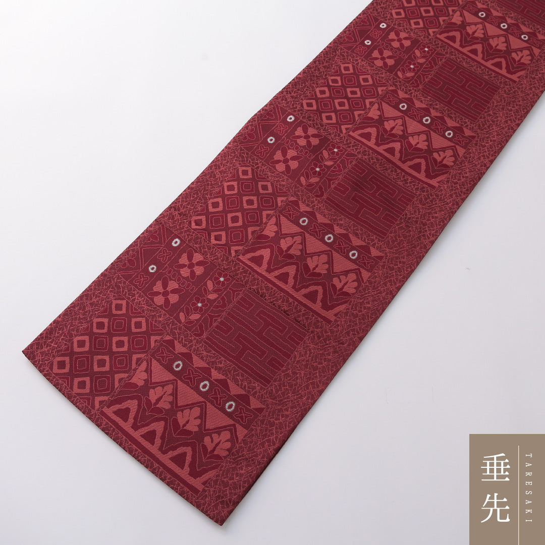 袋帯 帯丈436cm セミフォーマル 六通 帯芯なし Sランク 正絹 幾何学柄 赤系 1223-01973