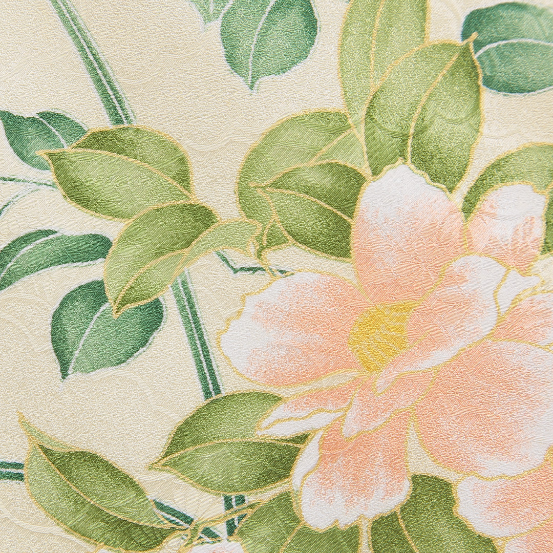 小紋 洗える着物 袷 身丈160cm 裄丈64cm ポリエステル Cランク Lサイズ バチ衿 インフォーマル 椿 クリーム系 1215-15839