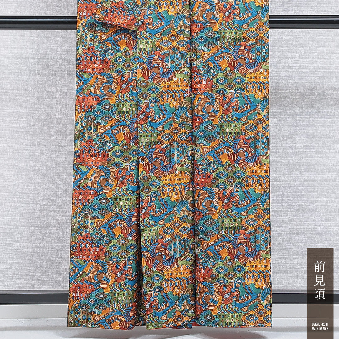 洗える着物 小紋 袷 身丈159cm 裄丈65cm ポリエステル Sランク インフォーマル 広衿 Mサイズ 創作柄 多色系 M4 1221-16361