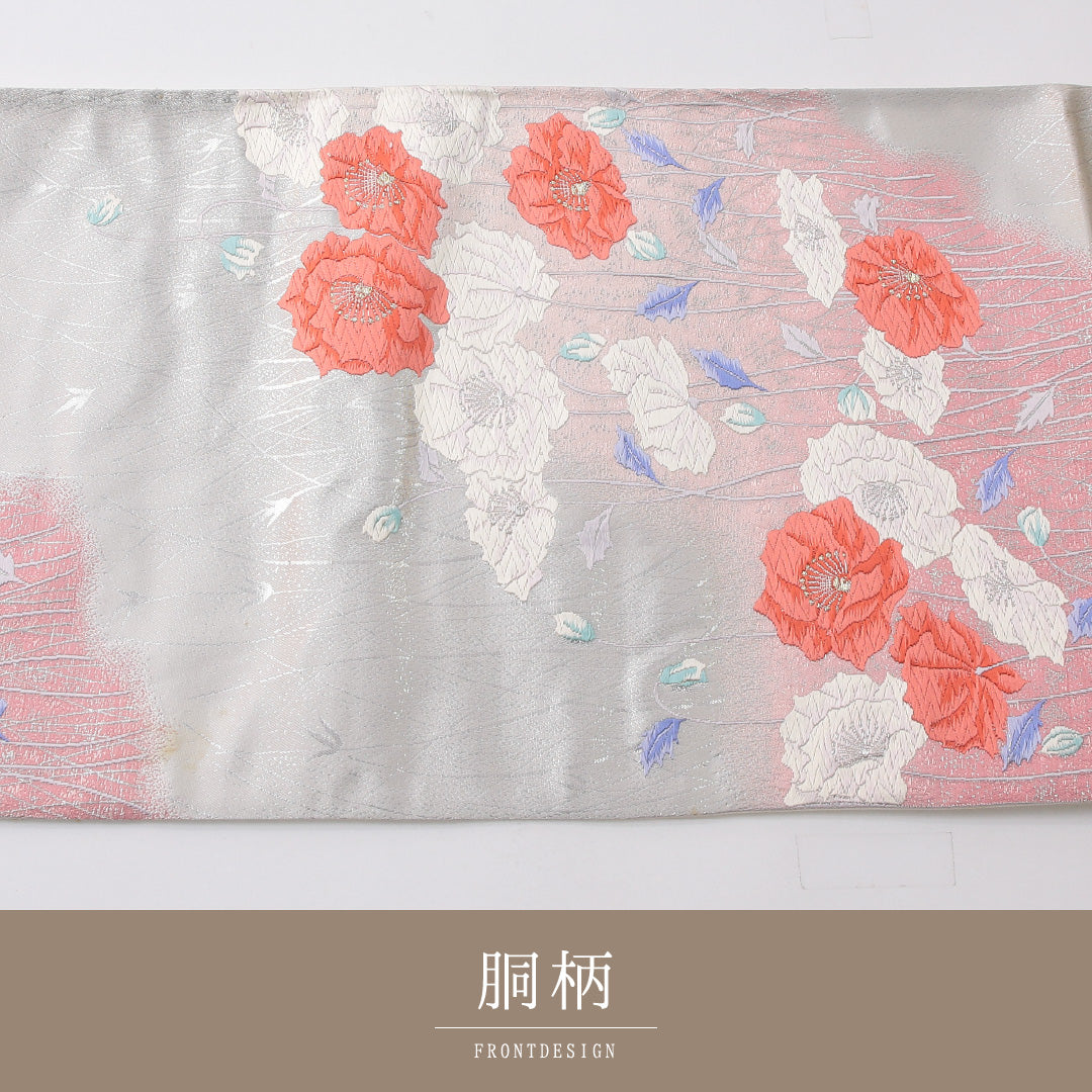 袋帯 帯丈436cm セミフォーマル 六通 帯芯なし Cランク 正絹 花柄 銀系 1223-02238