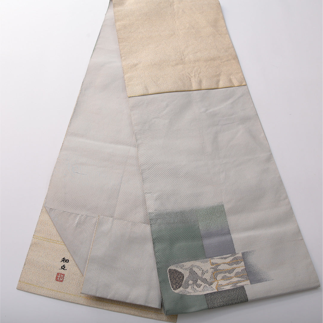 八寸名古屋帯 帯丈352cm カジュアル 松葉仕立て ポイント柄 帯芯なし Cランク 正絹 創作柄 多色系 1224-03512