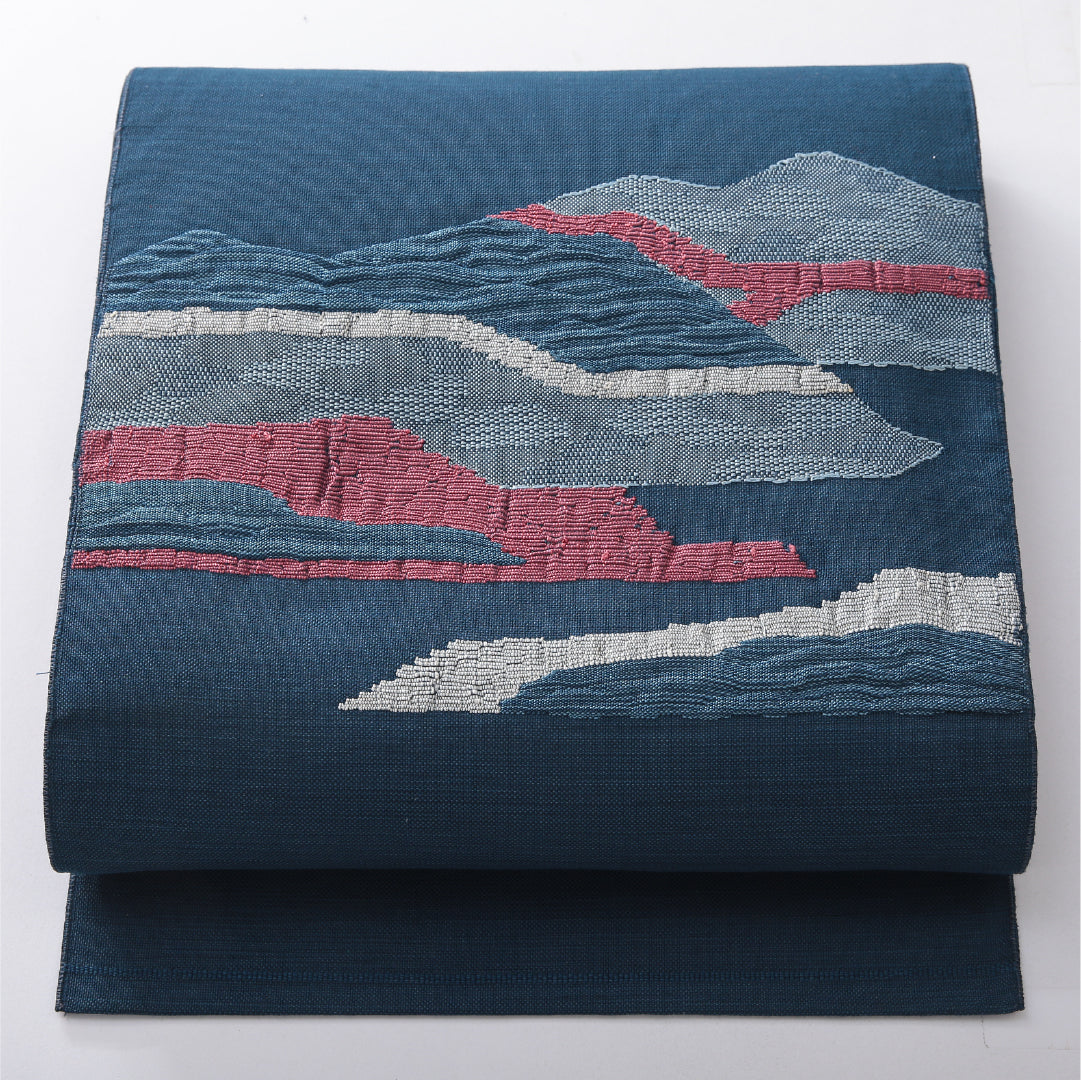 八寸名古屋帯 帯丈348cm カジュアル 松葉仕立て ポイント柄 Aランク 正絹 ふくれ織 山 青系 1224-03903