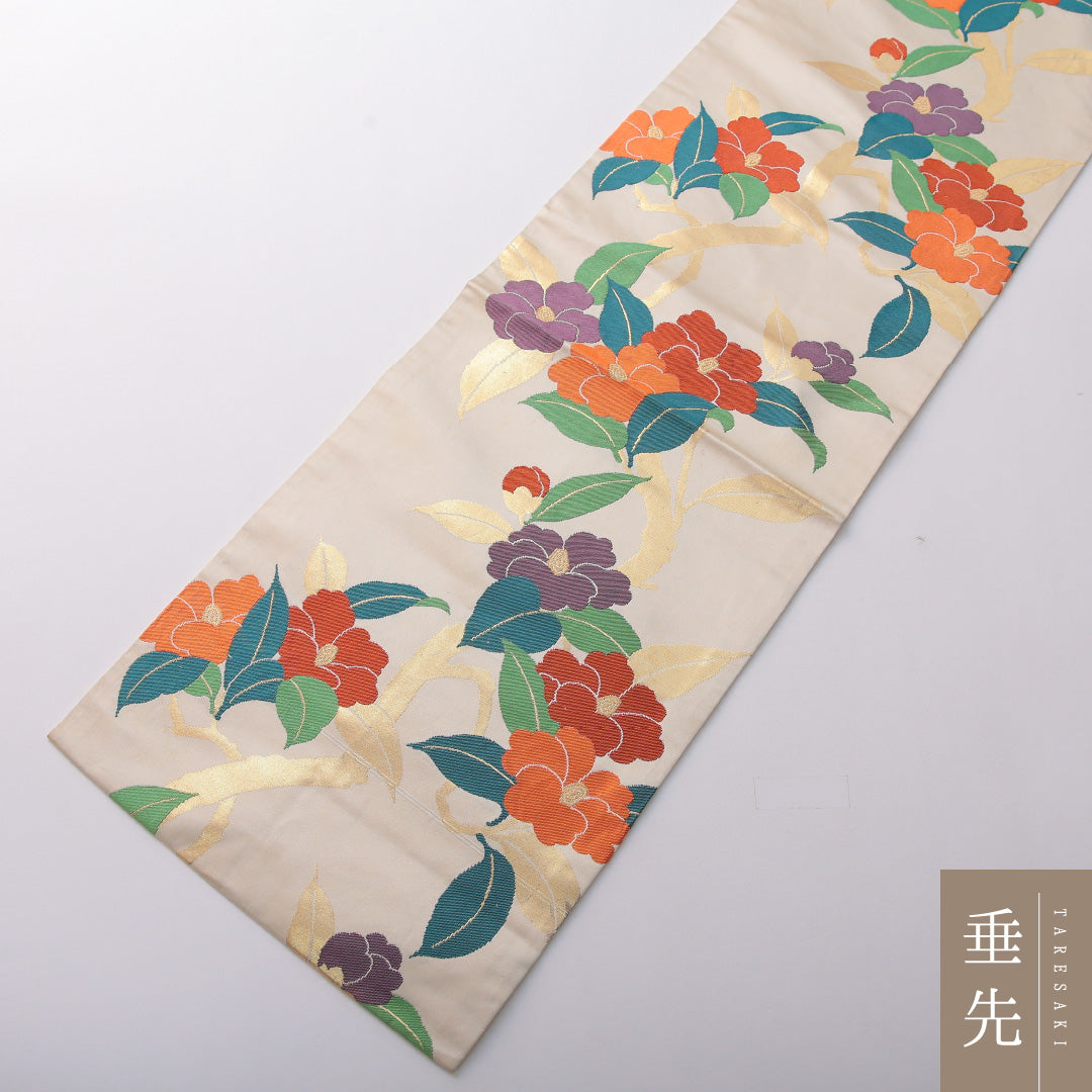 九寸名古屋帯 帯丈355cm カジュアル 名古屋仕立て 六通 Cランク 正絹 花柄 クリーム系 1224-03545