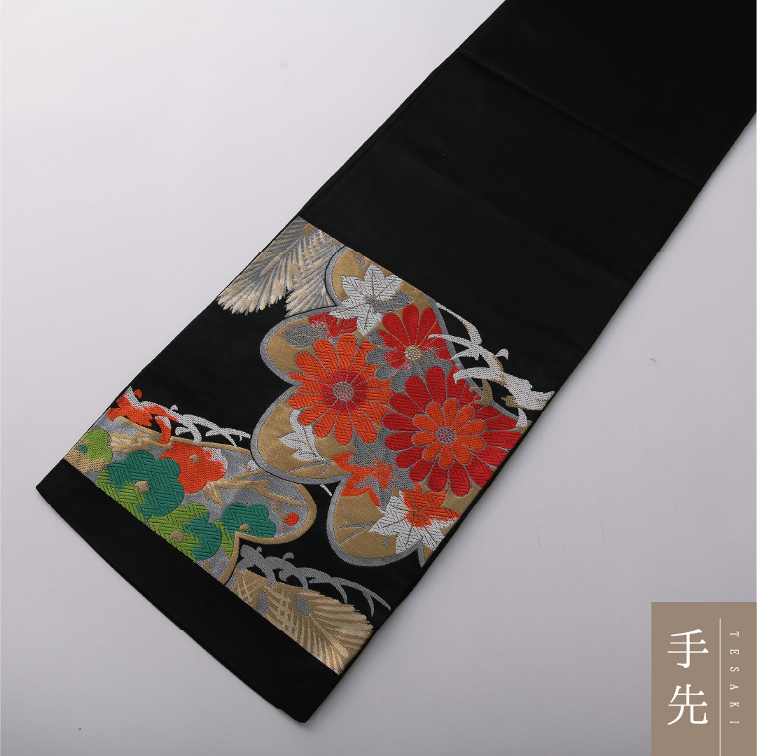 九寸名古屋帯 Sランク 帯丈394cm 正絹 六通 開き仕立て 未仕立て 織り セミフォーマル 菊 笠松 黒系 RP 1245-03399