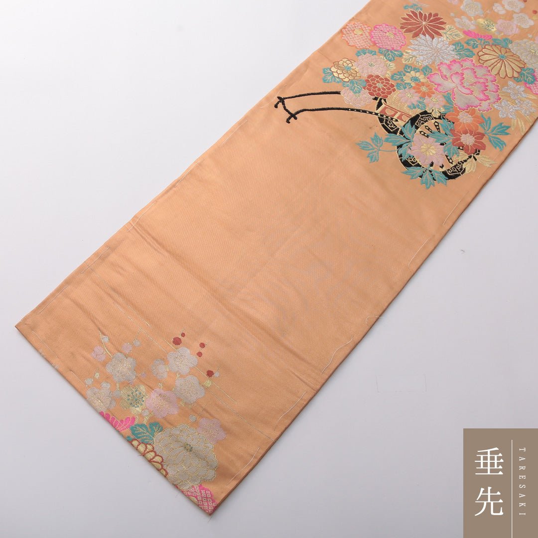 アンティーク 九寸名古屋帯 Cランク 帯丈315cm 正絹 六通 名古屋仕立て 織り 花車 淡い朱系 RP 1245-03383