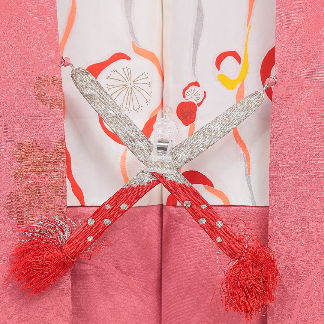 アンティーク 羽織 袷 身丈93cm 裄丈62cm 正絹 Aランク Sサイズ 一つ紋（五三桐） 鼓 牡丹 ピンク系 1217-16198