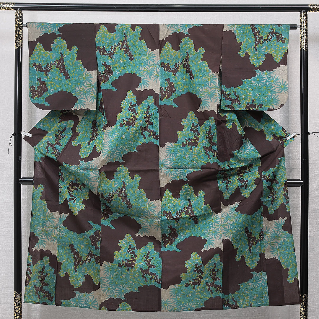 アンティーク 紬 単衣 身丈154cm 裄丈64cm 正絹 Cランク Sサイズ バチ衿 居敷当て 肩当て 創作柄 茶系 1216-15662