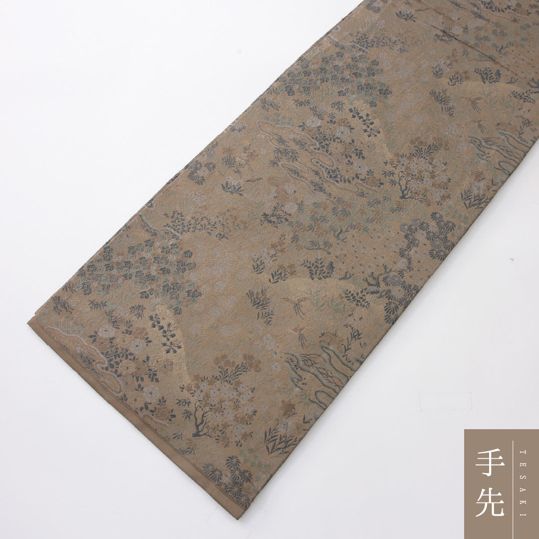 アンティーク 丸帯 帯丈444cm 全通 Aランク 正絹 古典柄 緑系 1223-02224