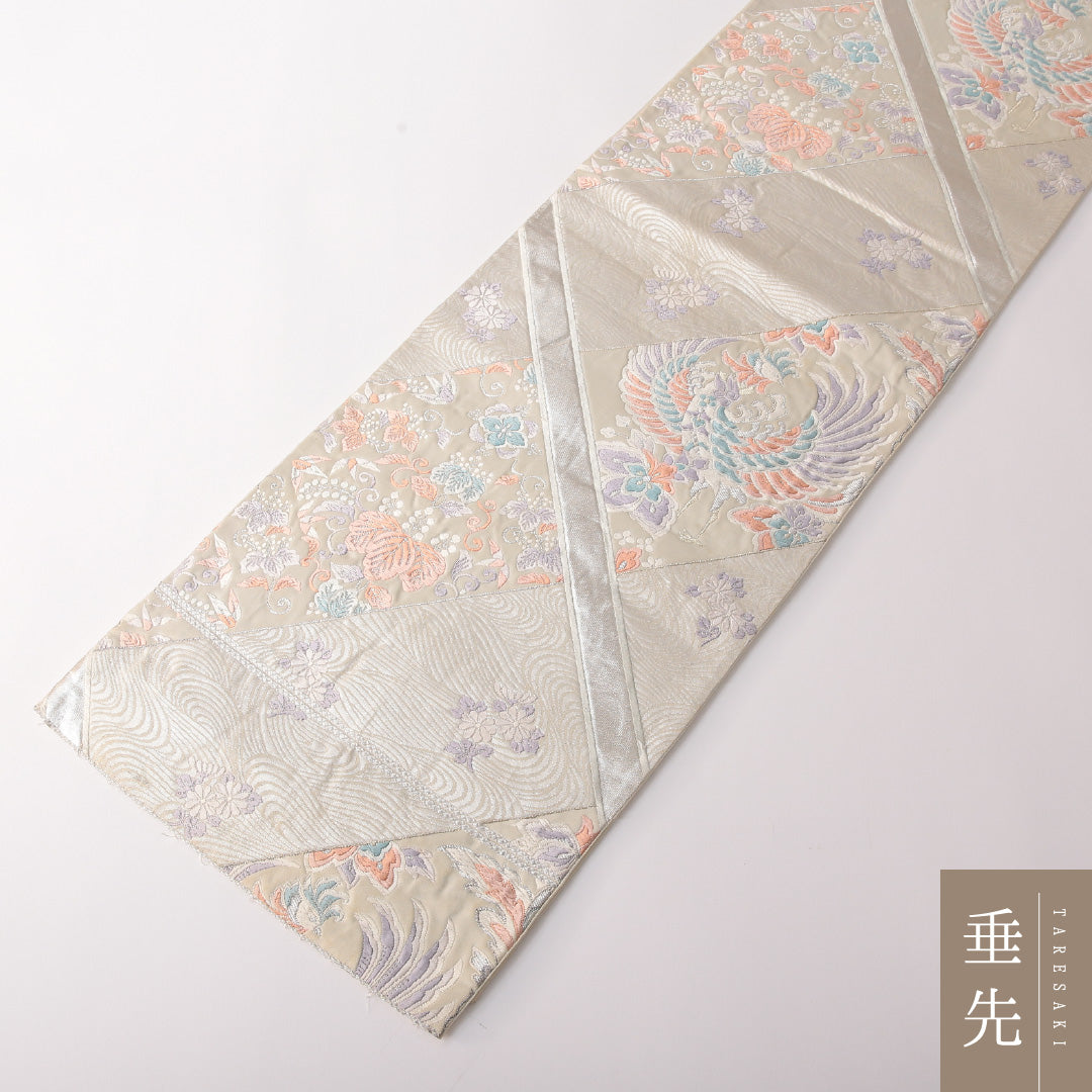 袋帯 帯丈414cm 正絹 六通 帯端のみ未仕立て フォーマル 裂取り 鳳凰 クリーム系 銀系 1243-01809
