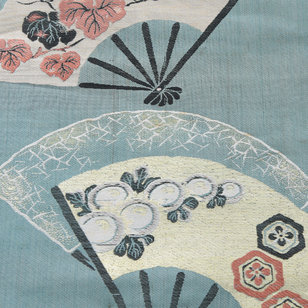 アンティーク 九寸名古屋帯 帯丈348cm 名古屋仕立て 六通 Cランク 正絹 扇子 菊 緑系 青系 1224-03971