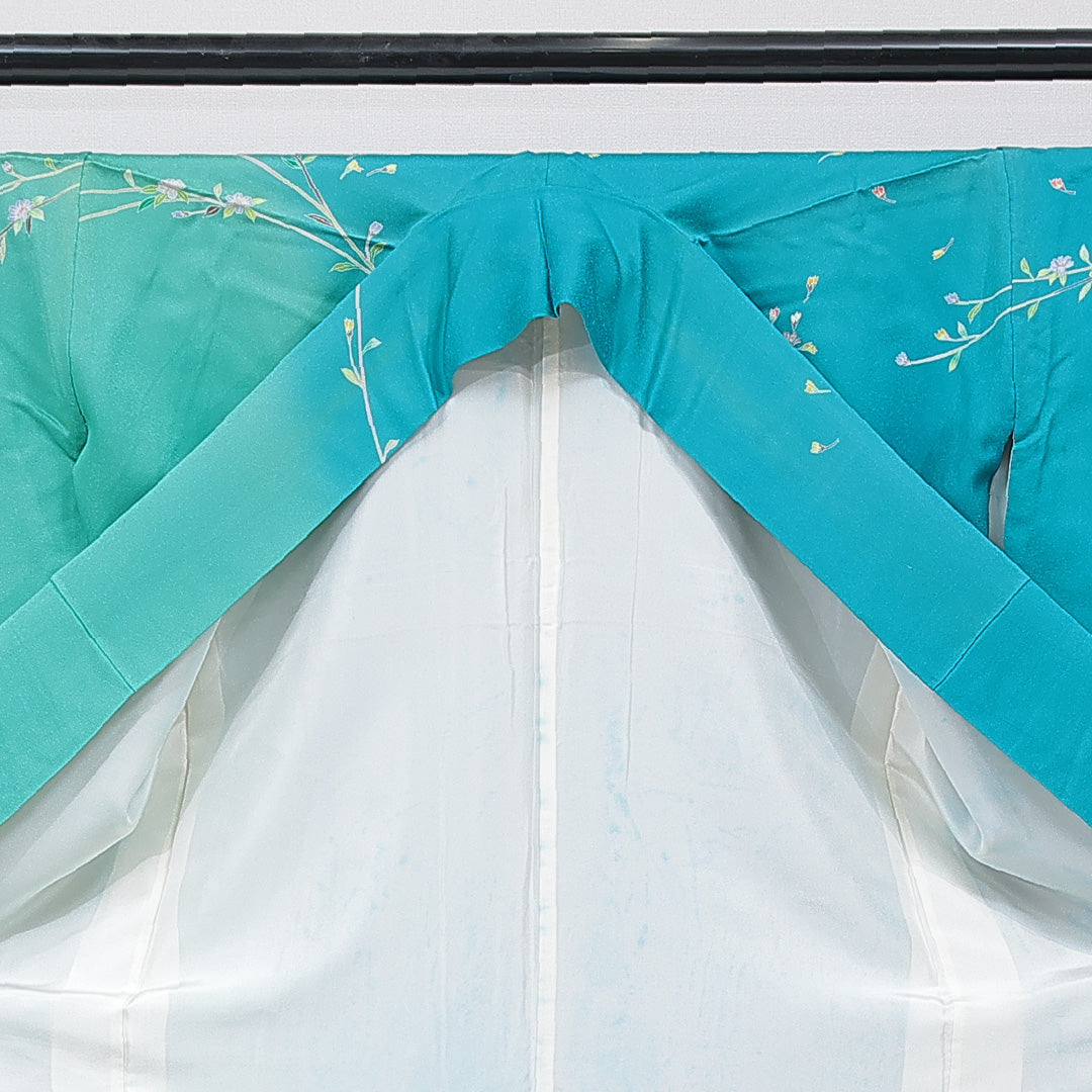 訪問着 洗える着物 袷 身丈163cm 裄丈67cm ポリエステル Cランク Lサイズ 広衿 セミフォーマル 牡丹 青系 緑系 1212-15678