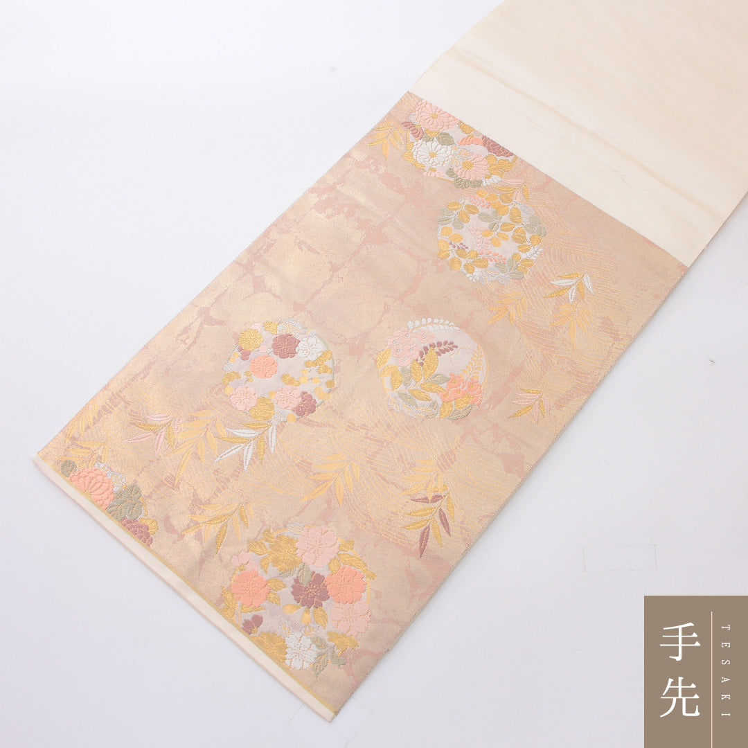 袋帯 帯丈448cm フォーマル 六通 Sランク 正絹 花文 金系 ピンク系 1223-02186