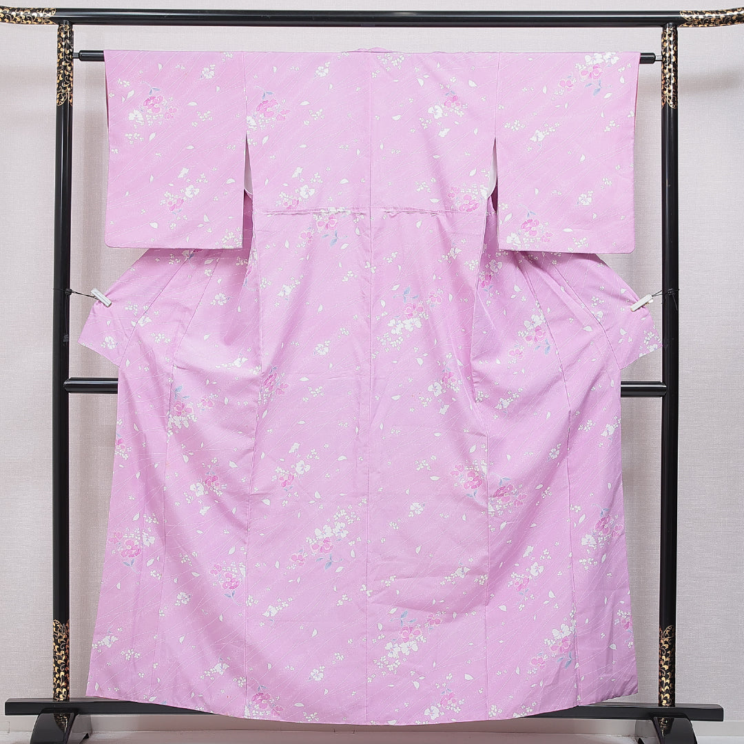 洗える着物 小紋 袷 身丈159cm 裄丈61cm ポリエステル Cランク インフォーマル 広衿 Mサイズ 花柄 紫系 HP 1221-16025