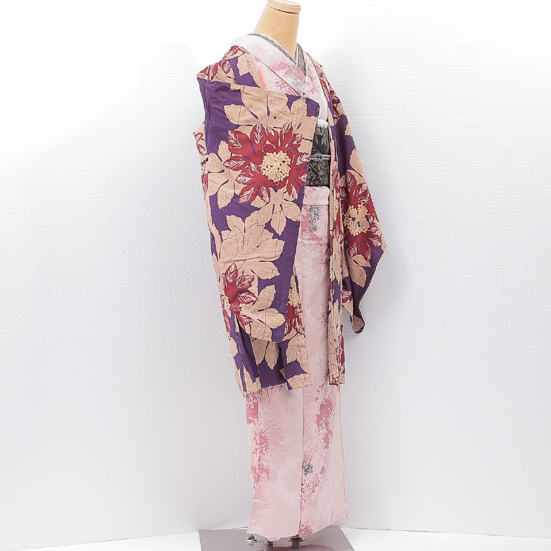 アンティーク 羽織（紬） 袷 身丈96cm 裄丈63cm 正絹 Aランク Sサイズ バチ衿 後染め 天狗の葉 緑系 1217-15180