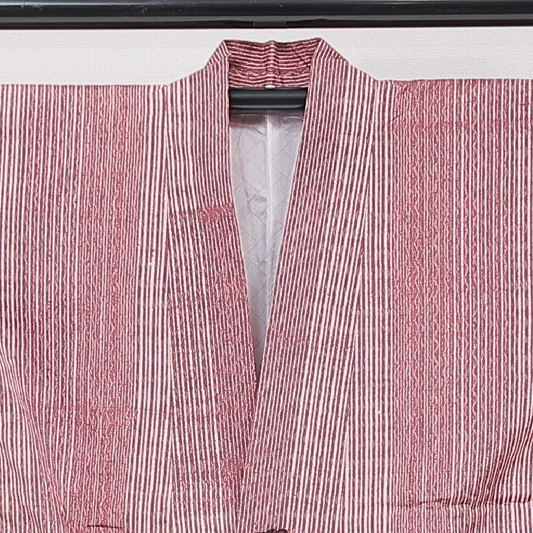 道中着 洗える着物 袷 身丈80cm 裄丈66cm ポリエステル Aランク Mサイズ バチ衿 カジュアル 縞 ピンク系 1264-15132