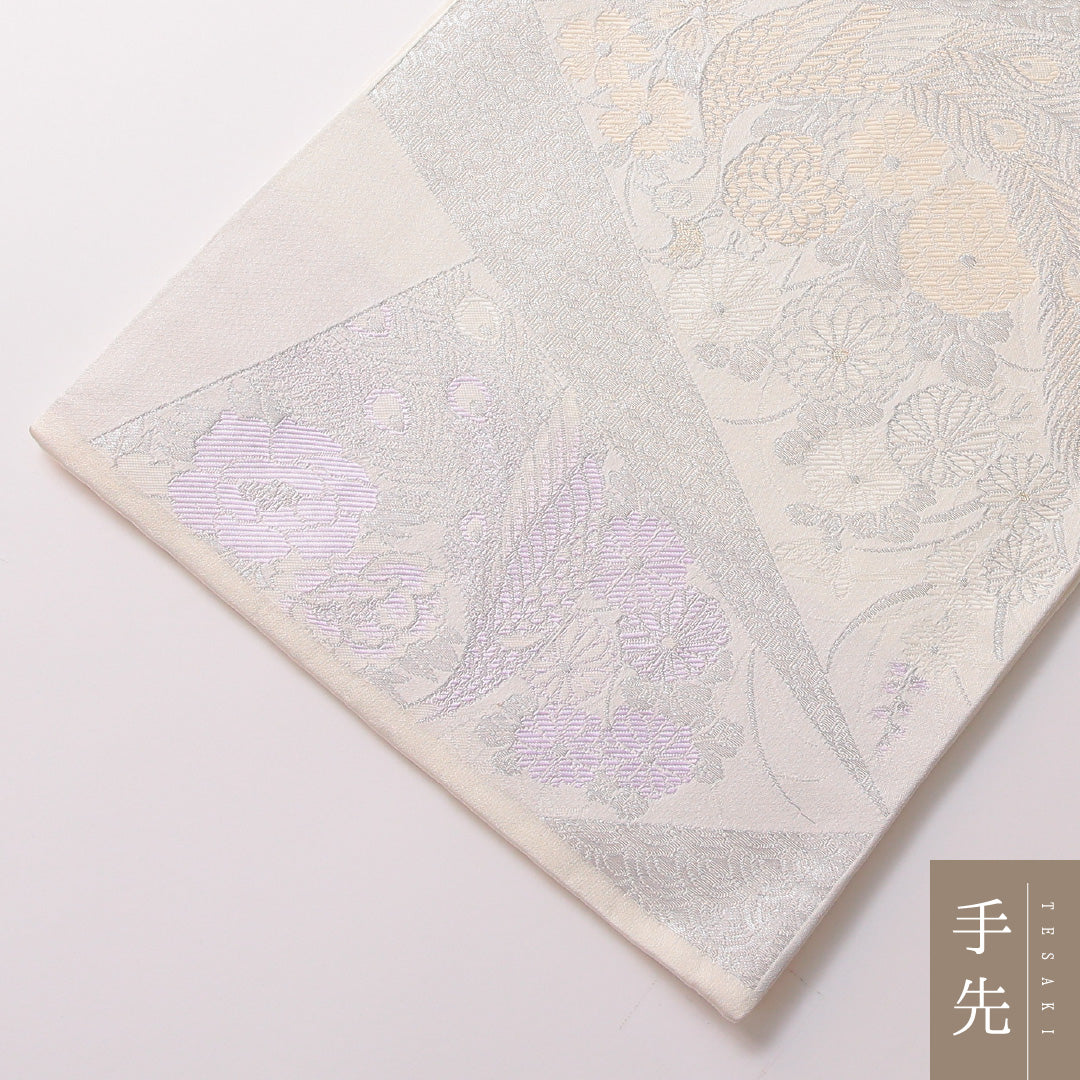 袋帯 帯丈426cm 正絹 六通 フォーマル 扇面文 鳳凰 吉祥文様 白系 銀系 1243-01783