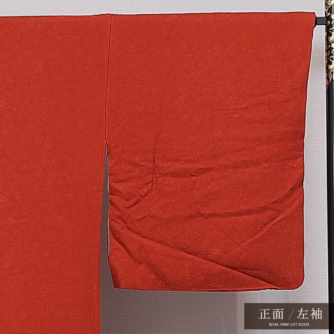 色無地 洗える着物 袷 身丈166cm 裄丈67cm ポリエステル Sランク XLサイズ 広衿 一つ紋（蔦柏） セミフォーマル 紋意匠 花柄 織り出し 赤系 1214-16087