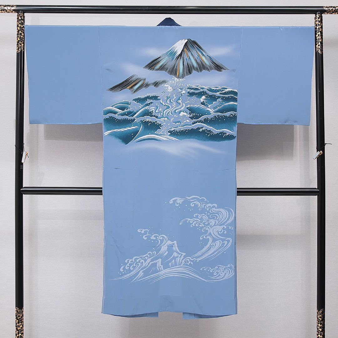長襦袢 男性用 単衣 身丈136cm 裄丈69cm 正絹 Sランク Mサイズ 富士山 波 青系 RP 1241-15428