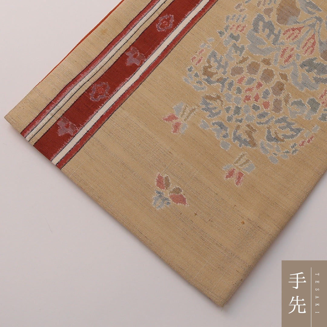 袋帯 帯丈428cm 正絹 全通 インフォーマル 双鳥唐花文 ベージュ系 1243-01919