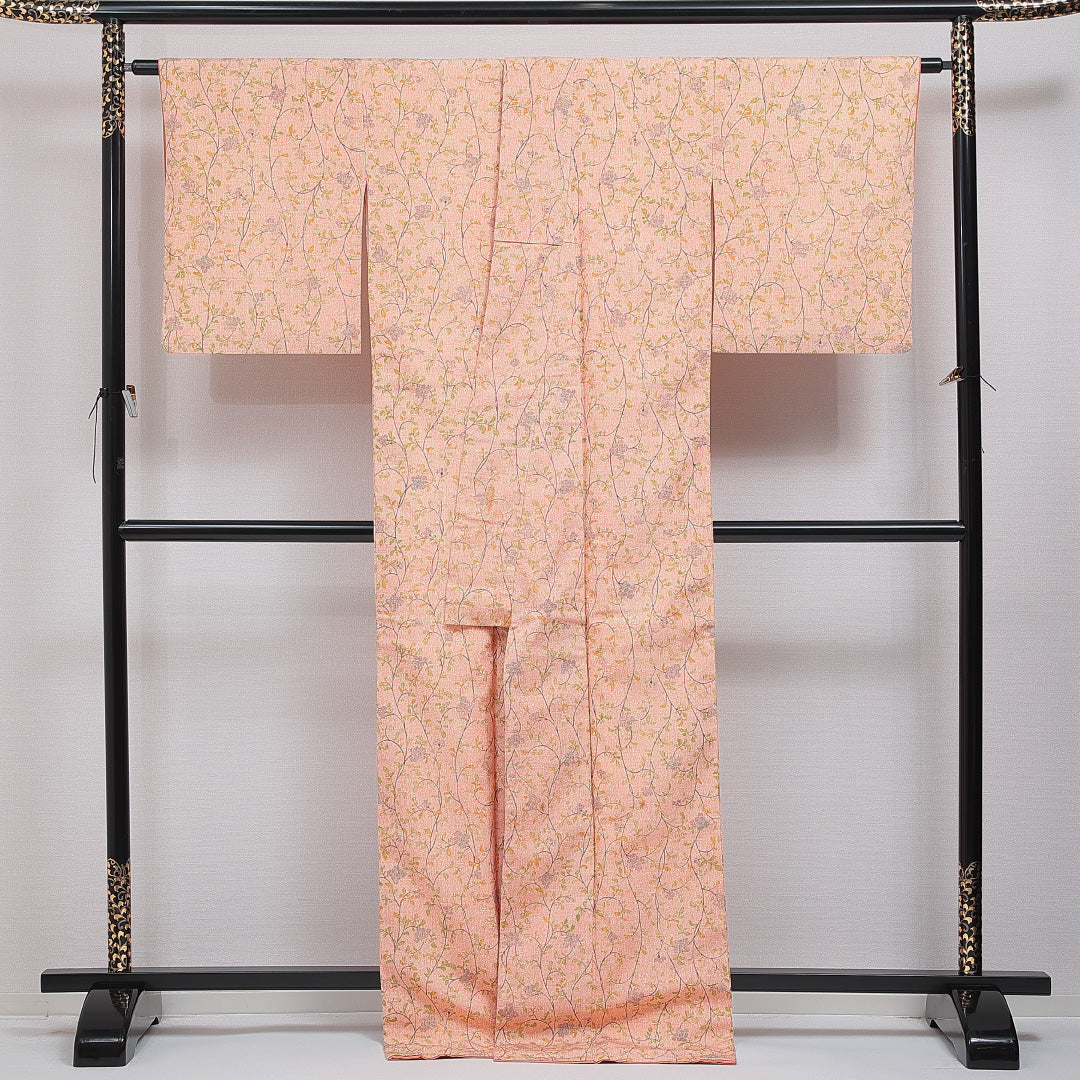 紬 洗える着物 袷 身丈174cm 裄丈64cm ポリエステル Cランク 2XLサイズ 広衿 カジュアル 花柄 朱系 ベージュ系 1216-16085