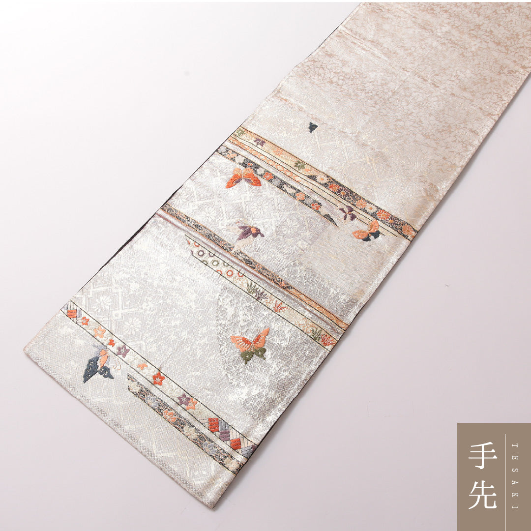 袋帯 帯丈424cm 正絹 六通 フォーマル 裂取り 蝶 吉祥文様 金系 ピンク系 1243-01788