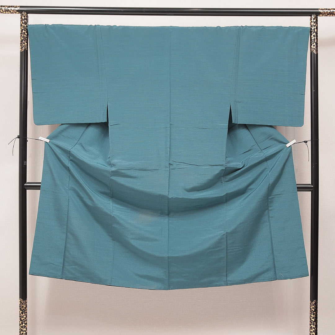 男着物 袷 身丈157cm 裄丈63cm 正絹 Bランク カジュアル 棒衿 2XLサイズ 無地 緑系 RP 1224-16908