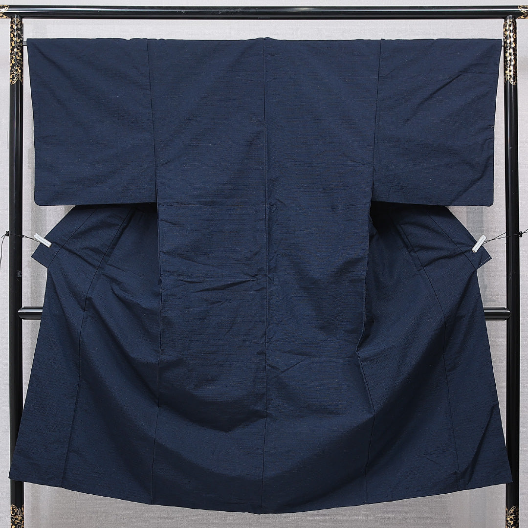 男着物 袷 身丈142cm 裄丈67cm 正絹 Cランク カジュアル 棒衿 Mサイズ 無地 紺系 LP 1224-15759