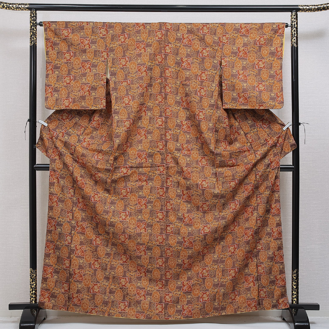 小紋 袷 身丈165cm 裄丈64cm 正絹 Aランク インフォーマル 広衿 XLサイズ 鳥 花柄 茶系 RP 1221-15934