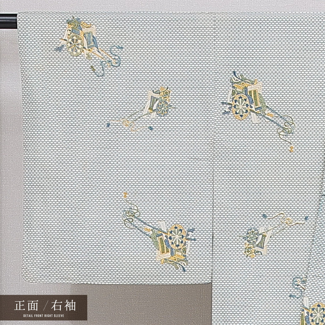 小紋 洗える着物 袷 身丈155cm 裄丈62cm ポリエステル Cランク Mサイズ 広衿 インフォーマル 御所車 亀甲 クリーム系 1215-16091