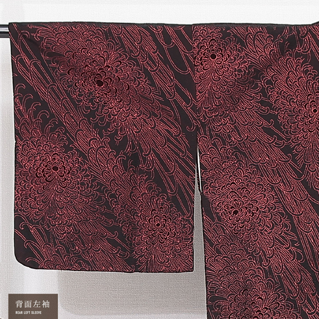 道行コート 袷 身丈103cm 裄丈31cm 正絹 Aランク Sサイズ フォーマル ポケットあり 植物柄 黒系 赤系 1263-15128