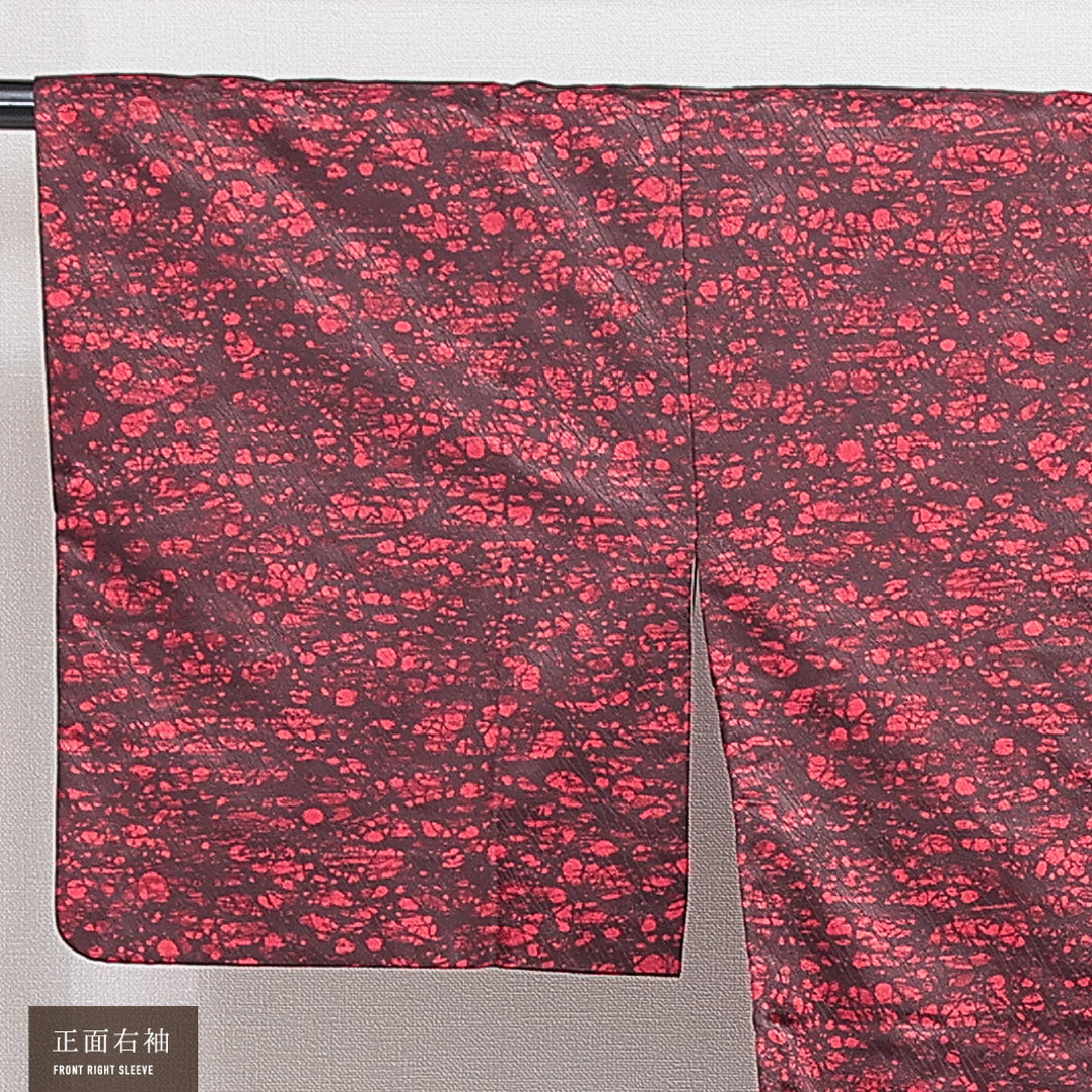 洗える着物 道中着 袷 身丈83cm 裄丈65cm ポリエステル Sランク セミフォーマル Mサイズ 紐あり 抽象柄 赤系 RP 1236-16458