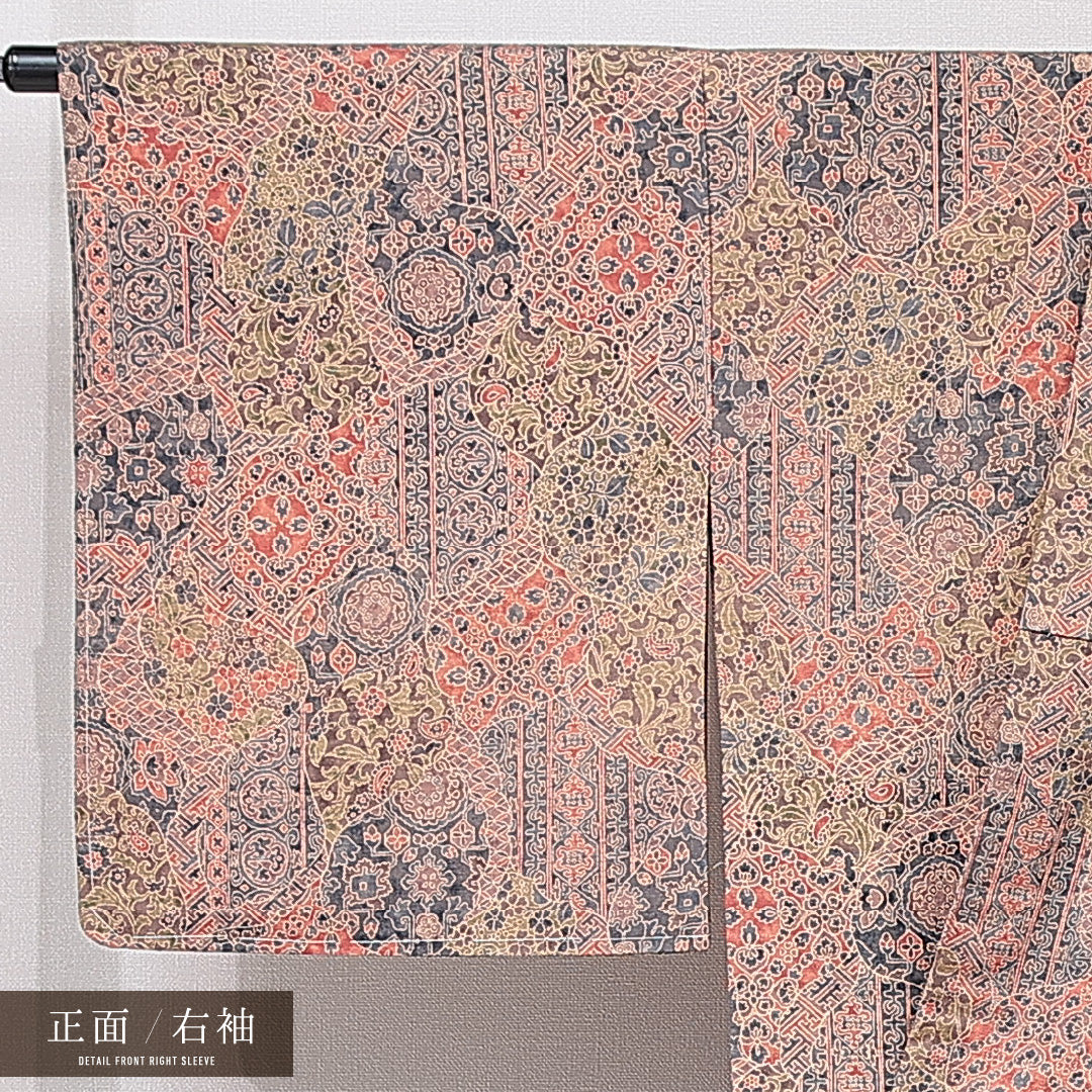 小紋 単衣 身丈159cm 裄丈66cm 正絹 Sランク インフォーマル 広衿 Mサイズ 染め紬 アラベスク文様 多色系 RP 1221-15327