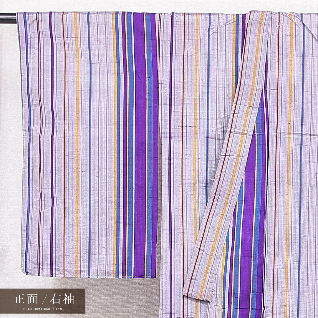 アンティーク 紬 単衣 身丈143cm 裄丈62cm 正絹 Aランク XSサイズ バチ衿 居敷当て 肩当て 縞 グレー系 紫系 1216-15106