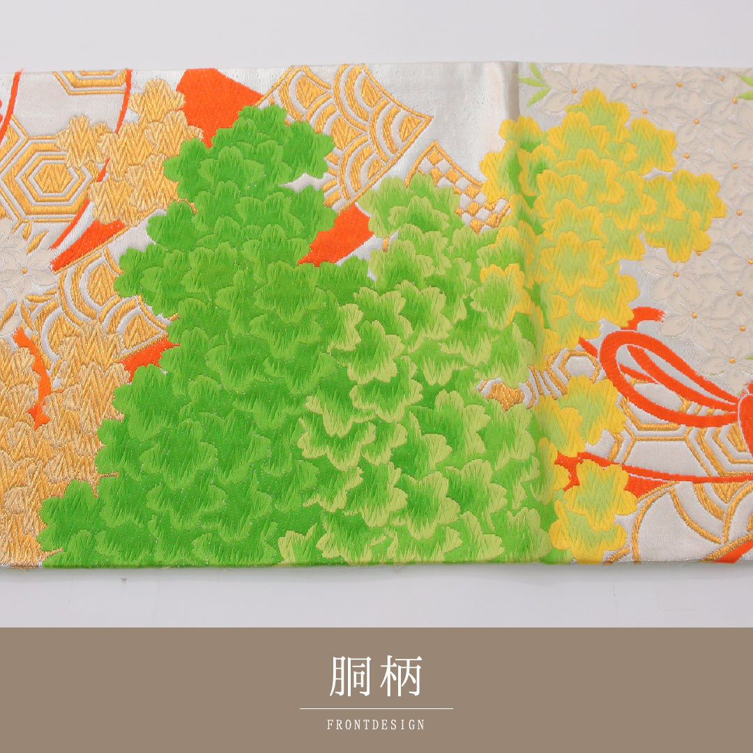 アンティーク 袋帯 帯丈416cm 六通 Aランク 正絹 唐織 古典柄 クリーム系 1223-02320