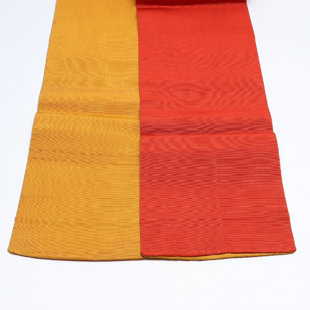 半幅帯 帯丈320cm カジュアル 単衣帯 全通 リバーシブル 未仕立て Cランク 正絹 無地 朱系 黄系 1225-00641