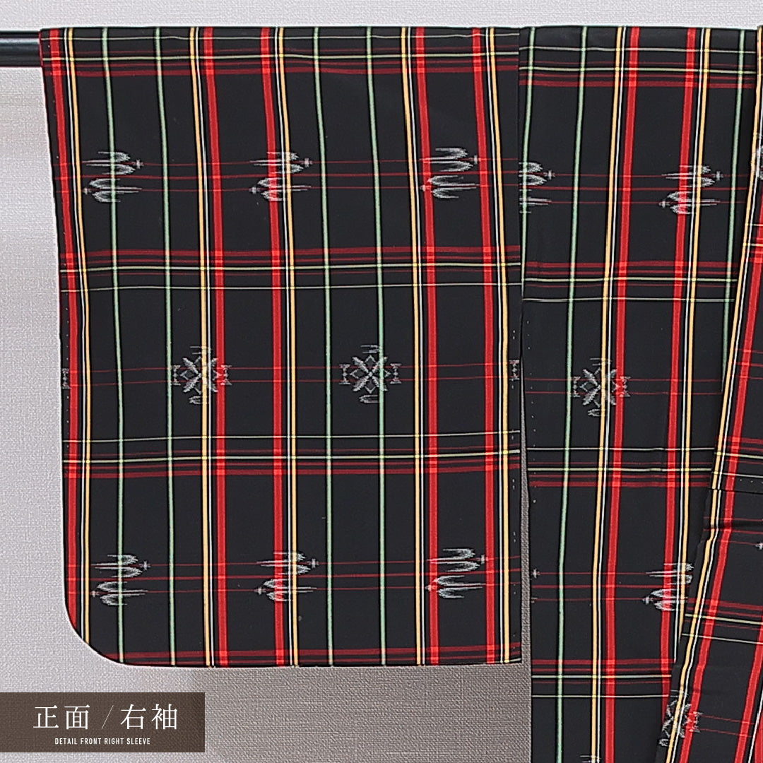 小紋 洗える着物 袷 身丈161cm 裄丈64cm ポリエステル Cランク Lサイズ バチ衿 インフォーマル 格子 黒系 1215-16370