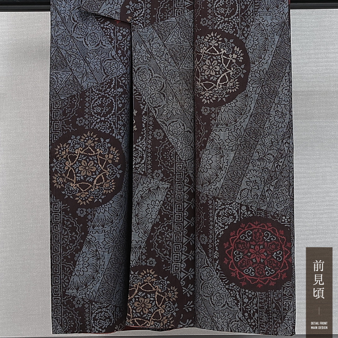 アンティーク 紬 袷 身丈148cm 裄丈63cm 正絹 Aランク XSサイズ 広衿 鏡裏文 グレー系 青系 1216-14724