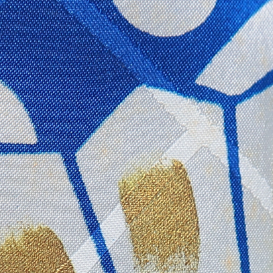 訪問着 袷 身丈150cm 裄丈60cm 正絹 Cランク Sサイズ 広衿 セミフォーマル 扇 波頭 金彩 青系 1212-15902