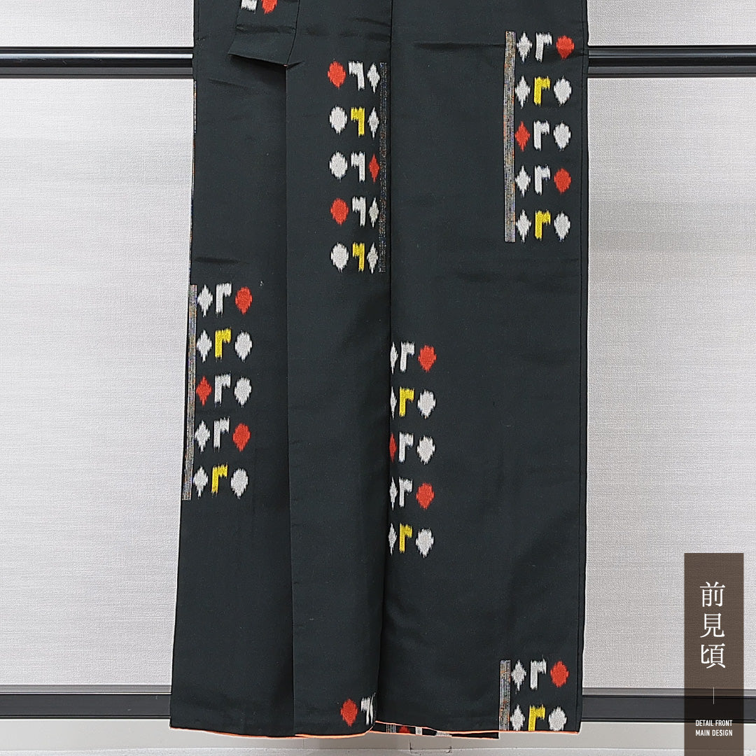 アンティーク お召 袷 身丈155cm 裄丈61cm 正絹 Cランク バチ衿 Mサイズ 抽象柄 黒系 RP 1222-15216
